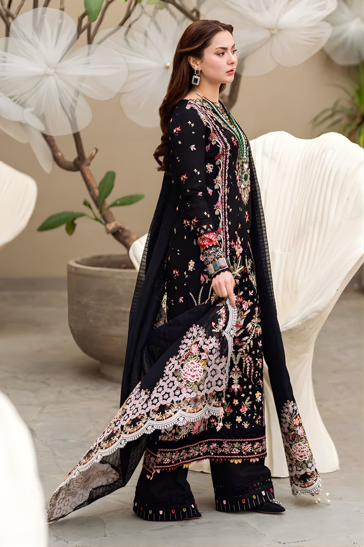 3PC Unstitched Lawn Embroidered Shirt with Embroidered Khaddi Net Dupatta and Trouser by QALAMKAR