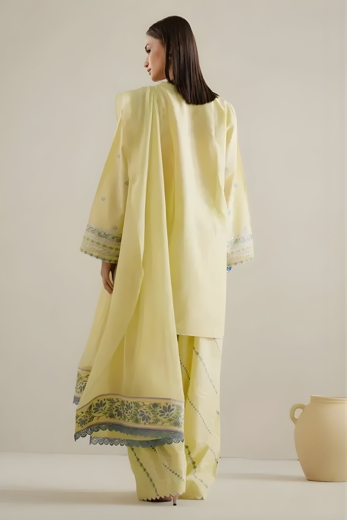 3PC Unstitched Lawn Embroidered Shirt with Embroidered Khaddi Net Dupatta and Trouser - ZARA SHAH JAHAN