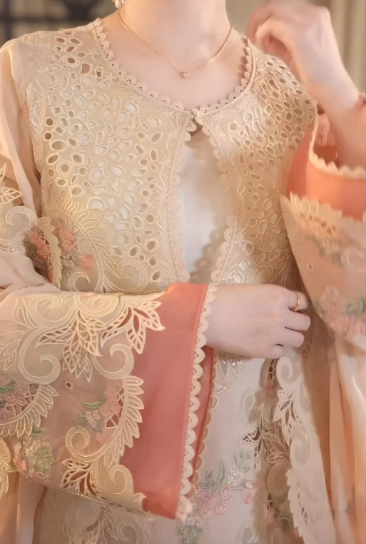 3PC Unstitched Lawn Embroidered Shirt with Cotton Net Embroidered Dupatta and Trouser