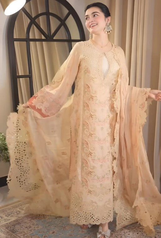 3PC Unstitched Lawn Embroidered Shirt with Cotton Net Embroidered Dupatta and Trouser