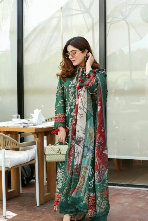 3PC Unstitched Lawn Embroidered Shirt with Digital Printed Dupatta and Trouser