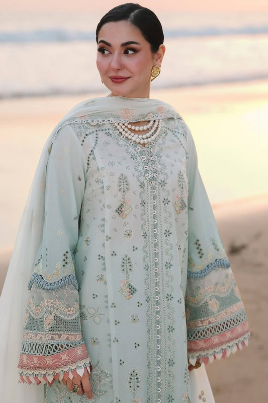 3PC Unstitched Lawn Embroidered Shirt with Embroidered Khaddi Net Dupatta and Trouser by QALAMKAR