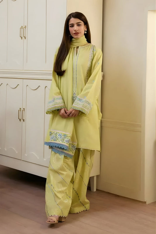 3PC Unstitched Lawn Embroidered Shirt with Embroidered Khaddi Net Dupatta and Trouser - ZARA SHAH JAHAN