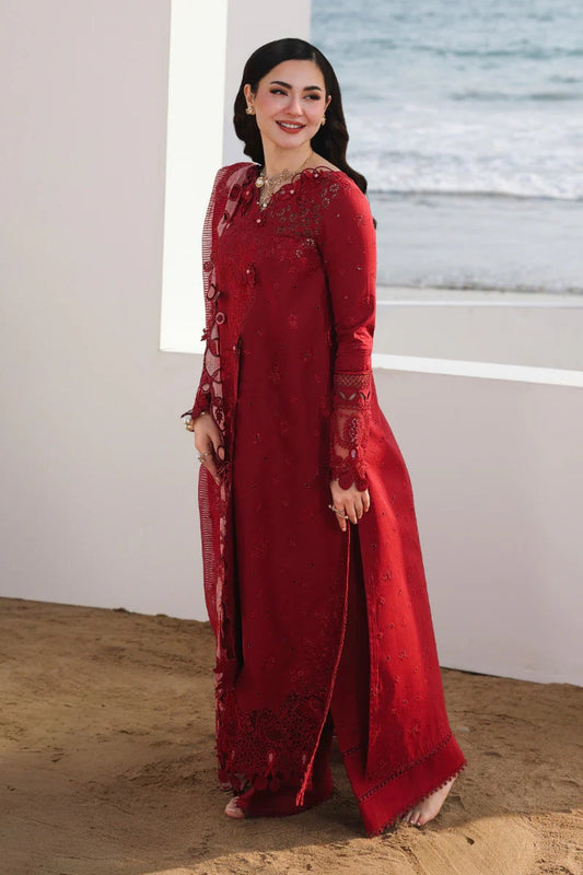 3PC Unstitched Lawn Embroidered Shirt with Embroidered Khaddi Net Dupatta and Trouser by QALAMKAR