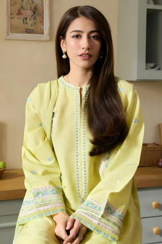 3PC Unstitched Lawn Embroidered Shirt with Embroidered Khaddi Net Dupatta and Trouser - ZARA SHAH JAHAN