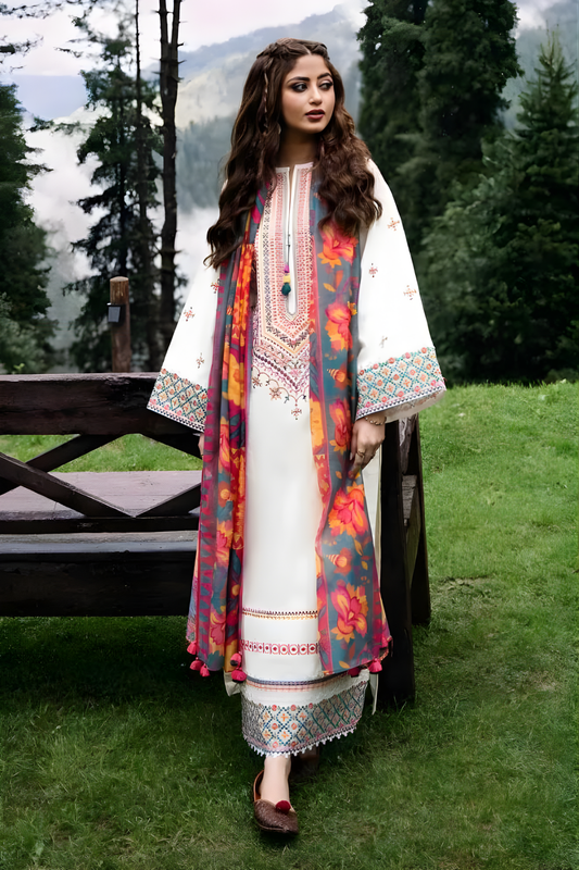 3PC Unstitched Khaddar Embroidered Shirt with Plain Dupatta and Trouser by Sapphire