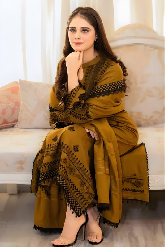 3PC Unstitched Dhanak Embroidered Shirt with Dhanak Embroidered Dupatta and Trouser