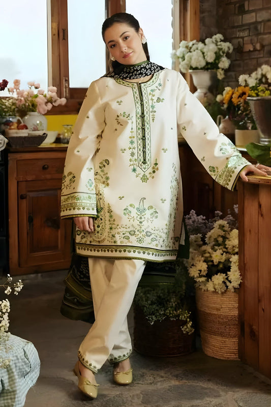 3PC Unstitched Lawn Embroidered Shirt with Printed Slub Net Dupatta and Trouser - ZARA SHAH JAHAN