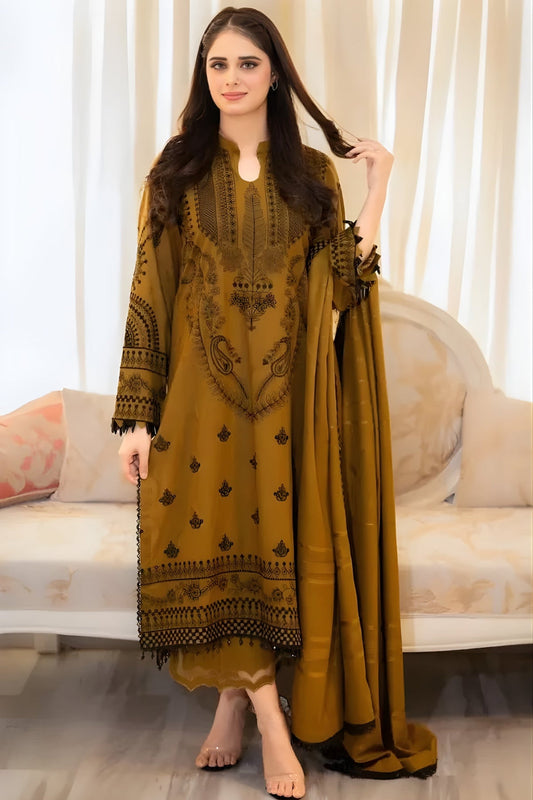 3PC Unstitched Dhanak Embroidered Shirt with Dhanak Embroidered Dupatta and Trouser