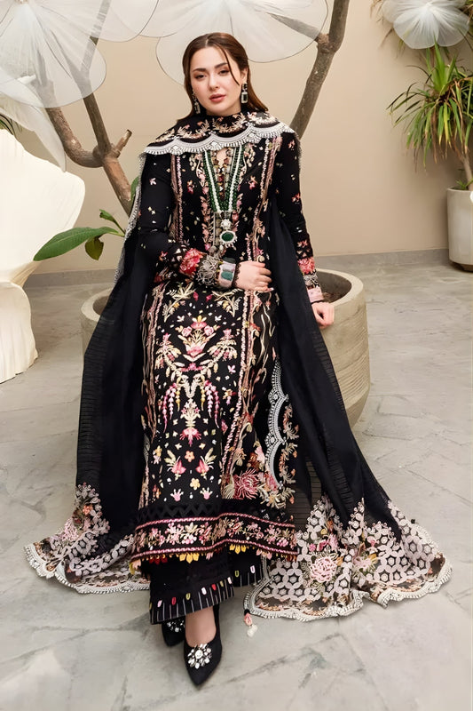 3PC Unstitched Lawn Embroidered Shirt with Embroidered Khaddi Net Dupatta and Trouser by QALAMKAR
