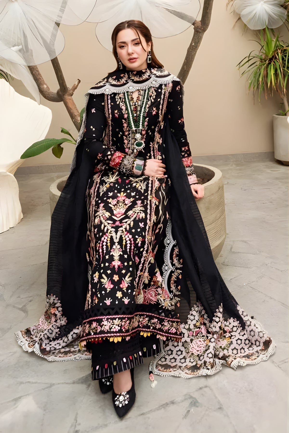 3PC Unstitched Lawn Embroidered Shirt with Embroidered Khaddi Net Dupatta and Trouser by QALAMKAR