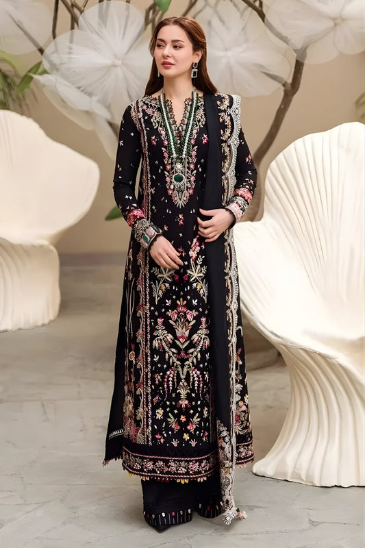 3PC Unstitched Lawn Embroidered Shirt with Embroidered Khaddi Net Dupatta and Trouser by QALAMKAR