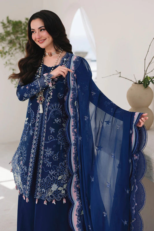 3PC Unstitched Lawn Embroidered Shirt with Embroidered Khaddi Net Dupatta and Trouser by QALAMKAR